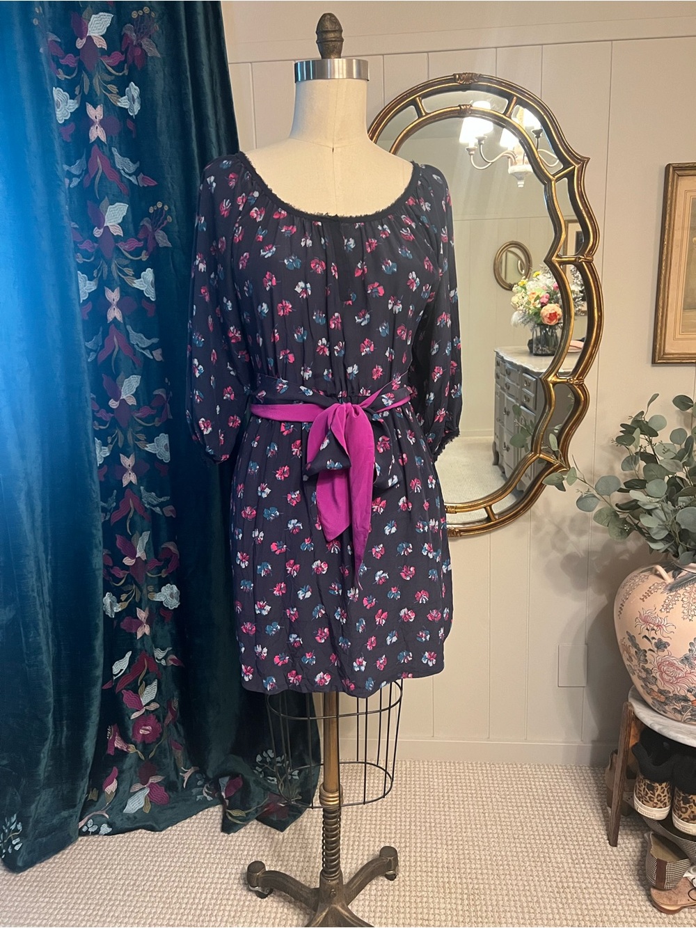 Rebecca Taylor silk Navy Floral Scoop-Neck Tunic Dress with Magenta Waist Tie